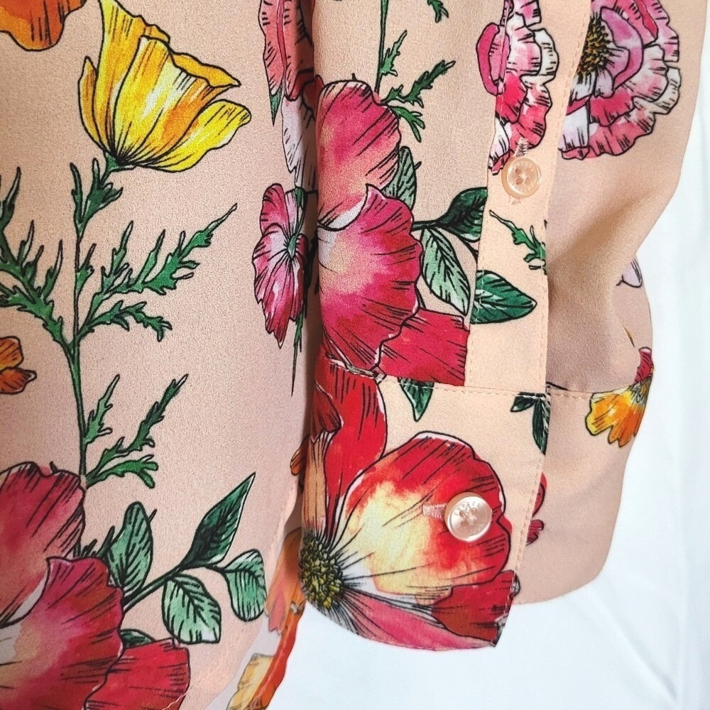 Express Womens Slim Fit Portofino Peach Floral Long Sleeve Chiffon Career Top XS - Picture 5 of 7